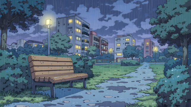 Serene Urban Landscape: A Rainy Evening in the Park with Illuminated Pathways and Comforting Greenery