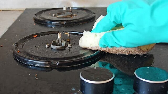 Hand wiping the surface of a gas stove with a cloth. kitchen cleaning, spotless home, household routine.