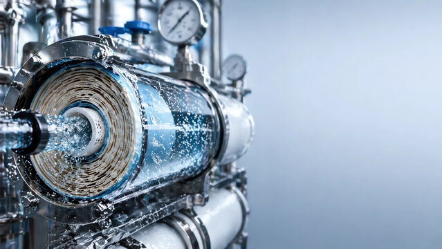 Ultra Detailed Close-Up of Reverse Osmosis RO Membrane Filtration System with Flowing Water &ndash; Industrial Water Purification Technology