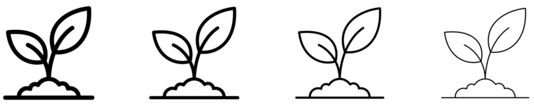 Set of icons of a young sprout growing from the ground. Graphic elements with different line weights, symbolizing the beginning of life, growth, ecology, and nature. Vector illustration.