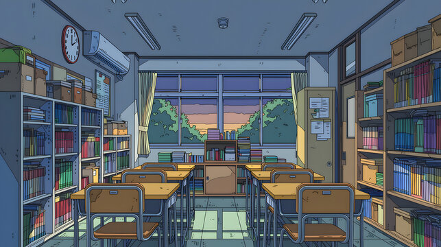 Inviting Classroom Atmosphere: A Serene Study Environment Highlighting a Cozy Space with Books, Desks, and a Lovely Sunset View Perfect for Learning and Creativity