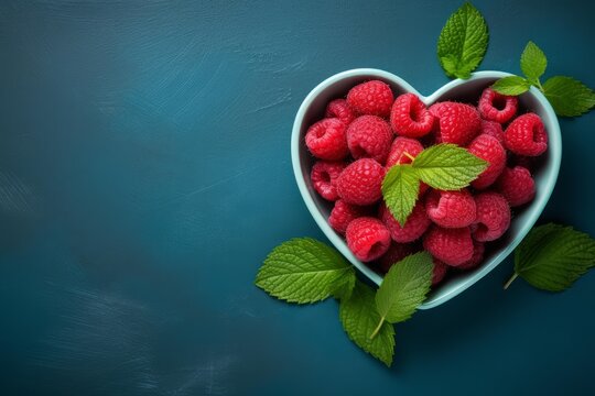 Fresh raspberries filling a heart shaped bowl with mint leaves on a deep blue background