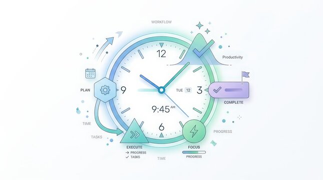 Illustration of habitual time management. Depiction of rhythmic task execution around clock motif