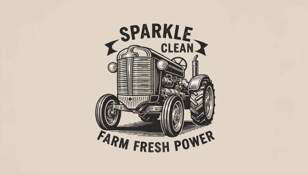 Vintage tractor typography poster vector illustration. Retro farm equipment line art with text. Hand-drawn agricultural machinery design