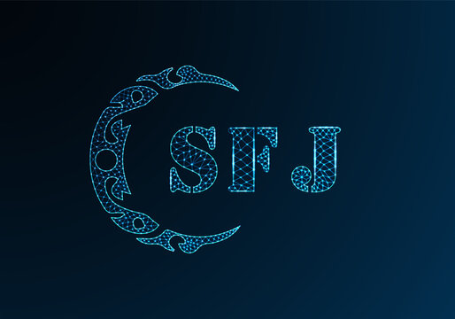 Low poly letter logo SFJ design. SFJ letter logo low poly vector design on blue color gradient background. SFJ logo low poly design