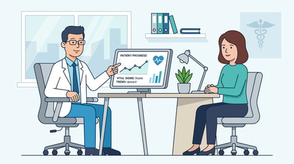 Fototapeta premium A flat design illustration portraying a doctor explaining digital medical charts and health data to a patient during a consultation. 