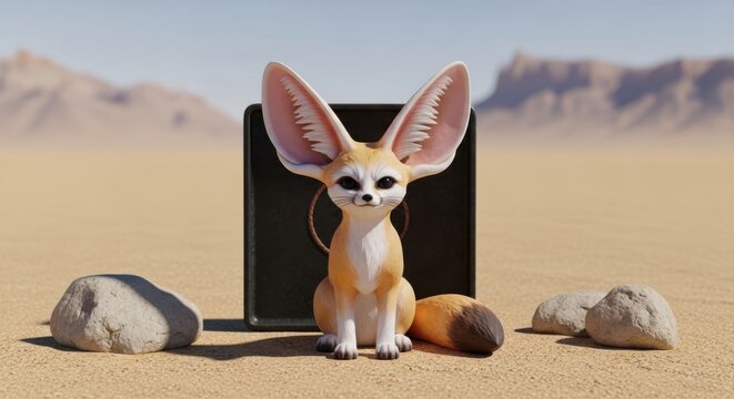 Cute fennec fox sitting in the middle of a vast desert landscape with rocky terrain