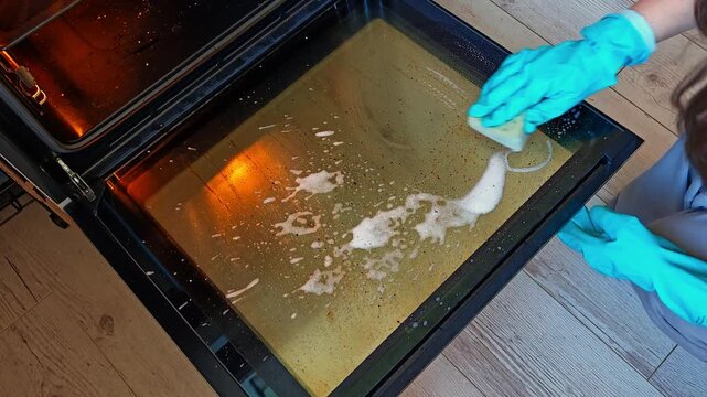 Hand wiping the glass panel of an oven or stove. kitchen cleaning, modern appliance, shiny surface.