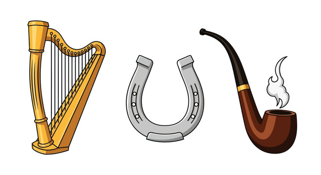Harp, horseshoe, and smoking pipe on a white background