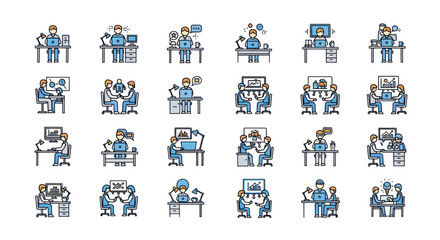 Obraz premium Collection of business people icons working at desks and collaborating in a modern office