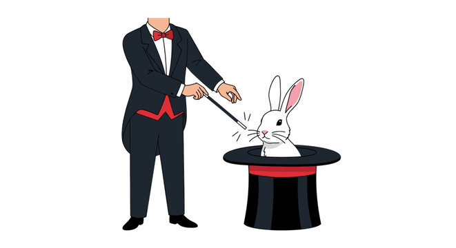 Magician performing a magic trick with a white rabbit popping out of a black top hat