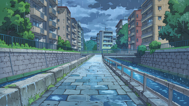 A Serene Urban Landscape with Rainy Streets and Lush Greenery: Exploring Modern Architecture Along the Waterway in a Tranquil City Scene