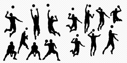 Dynamic silhouettes of volleyball players in various action poses during a game. © Adji