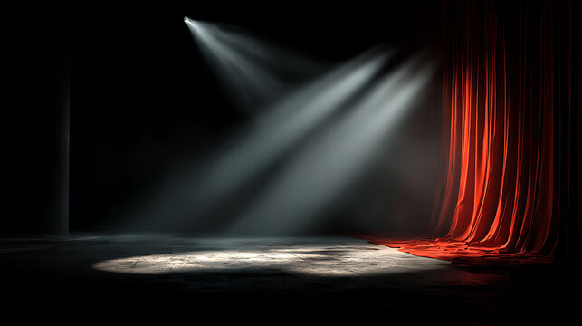 A solitary, brilliant spotlight dramatically illuminates an empty, dark stage floor, where a luxurious red velvet curtain gracefully drapes across the rough concrete, hinting at a moment before or aft