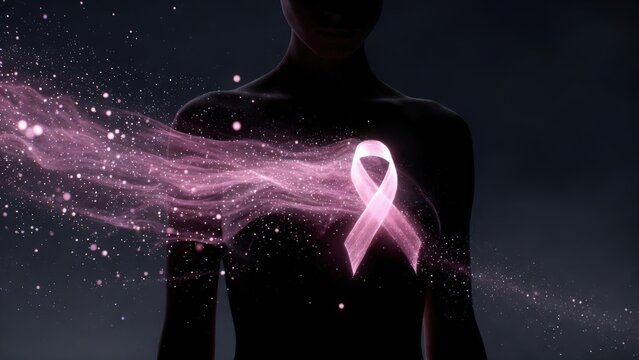 Emotional and symbolic breast cancer awareness concept featuring a woman modestly covering her chest with a glowing pink ribbon. Soft cinematic lighting and subtle motion create a respectful and power