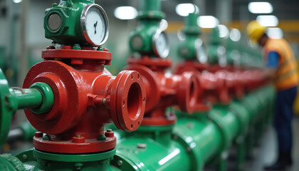 Naklejka premium Red industrial valves and green pipes with pressure gauges are arranged in a factory line. A technician in safety gear works in the background, overseeing machinery.