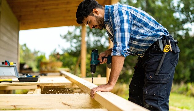 Focused craftsman using a power drill on a wooden deck project outdoors. Perfect for construction, home renovation, and DIY themes showcasing professional skill and manual labor.