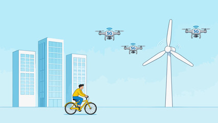 Man riding bike near buildings drones and wind turbine © Scuti