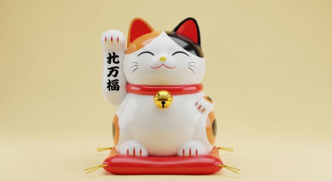 Lucky maneki neko cat statue with raised paw sitting on red cushion for wealth and prosperity