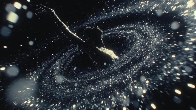 Artistic slow-motion scene of a dancer surrounded by shimmering glitter particles, reflecting light in a dark studio environment. Elegant and dynamic visual perfect for fashion, performance