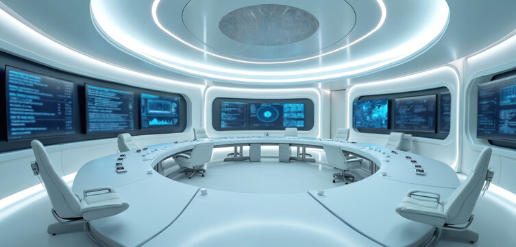 Futuristic control room with round table, monitors showing data, and white chairs. Modern command center interior, clean space with advanced tech for operations. High tech empty meeting space.