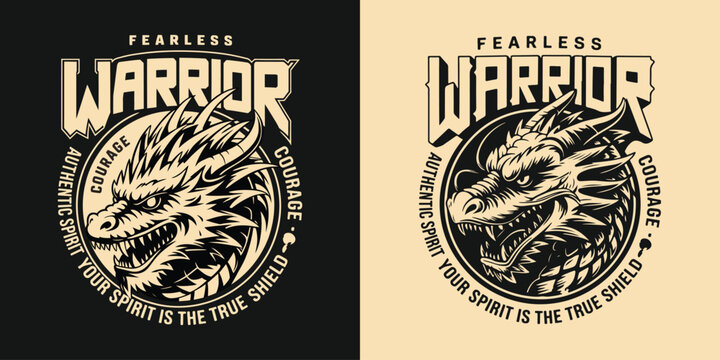 Vintage colorful fantasy badge with fire breathing dragon head on dark background.