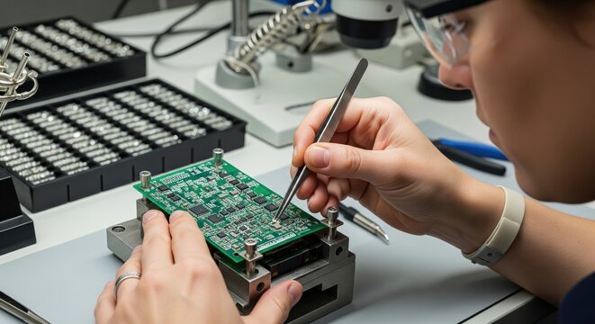 Electronics assembler placing microcomponent onto circuit board shows precision manufacturing, high-tech production and detailed industrial assembly in one clear scene.