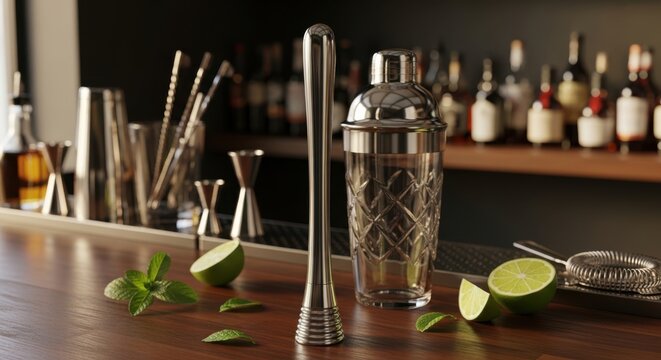 Professional stainless steel cocktail muddler and shaker on wooden bar top with lime slices