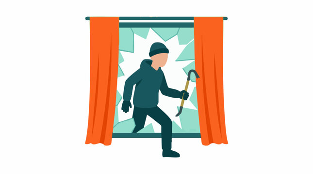 Burglar breaking into house through shattered window with a crowbar