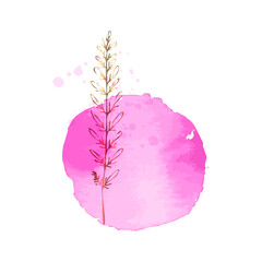 Fototapeta premium Modern botanical stem with gold line art, pink watercolor background, minimal luxury design for branding, packaging, wall art, beauty and wellness visuals