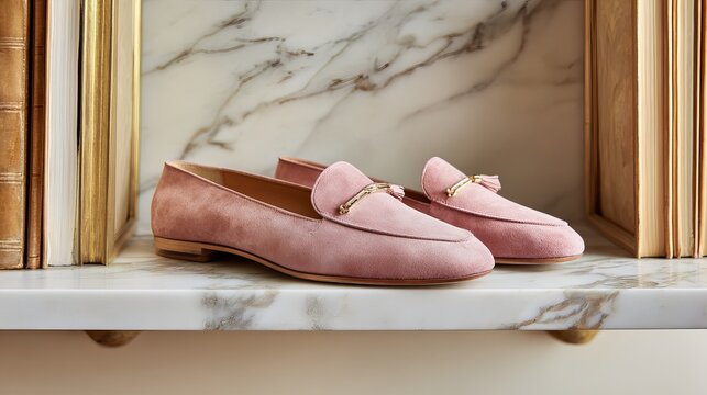 A pair of pink sparkly loafers with gold accents on a marble shelf