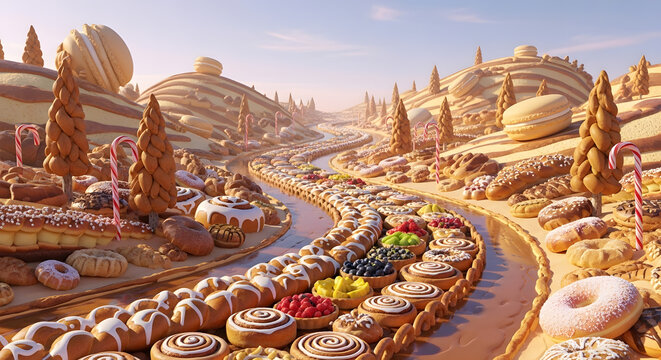 Fantasy Dessert Land with Chocolate River and Pastry Landscape 3D Illustration