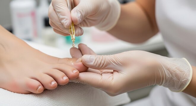 Moisturizing oil massaged into cuticles by gloved technician shows hygienic pedicure aftercare, nourishing finishing step and realistic professional salon treatment.