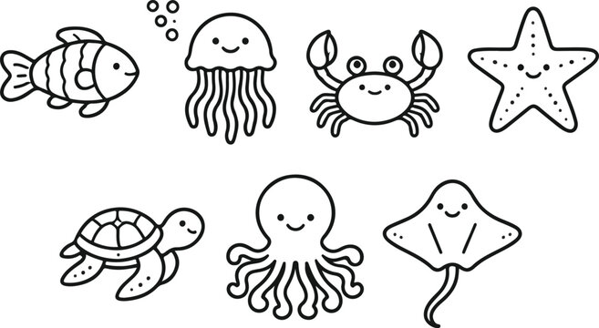 Sea Animal Outline Icons Set for Marine Life and Nautical Design Flat Line Art Vector Illustration