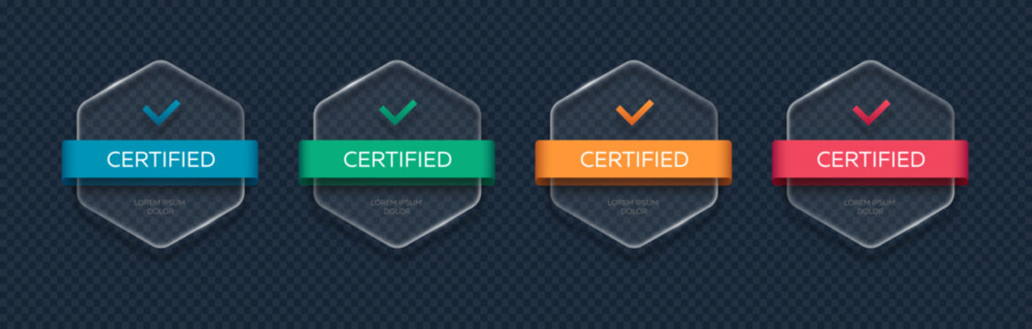 Set of glassmorphism certified badges. 3D transparent hexagonal labels with colorful ribbons and checkmarks. UI vector elements for quality guarantee, tier levels, approval and security.
