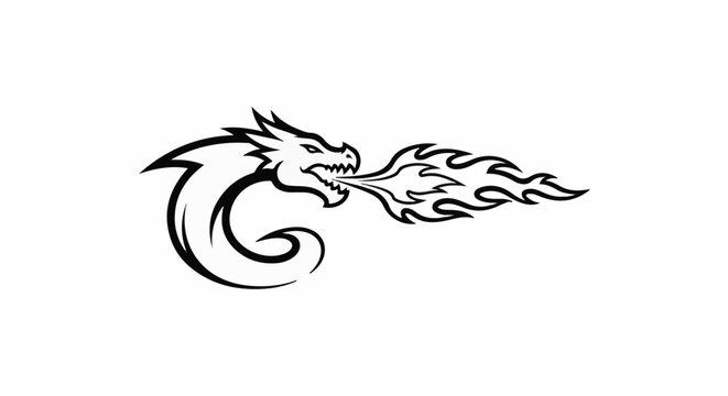 Stylized black dragon head exhales stylized flames on white background