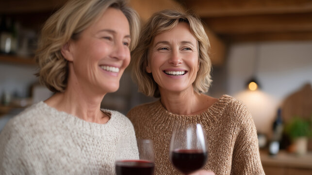 Two women in their 50s laughing over wine in upscale kitchen, midlife female friendship, empty nesters, reinvention through community, spring entertaining, affluent home, women over 50, social recon