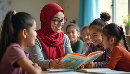 Fototapeta premium Muslim teacher in red hijab reads book to diverse young students in classroom. Children listen attentively, smiles shared. Fostering literacy joy and learning.