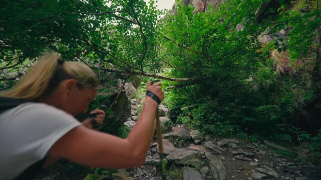 Hikers walk up a steep rocky path through dense forest, passing beneath an overhanging tree trunk, capturing effort, rugged terrain, and immersive nature.