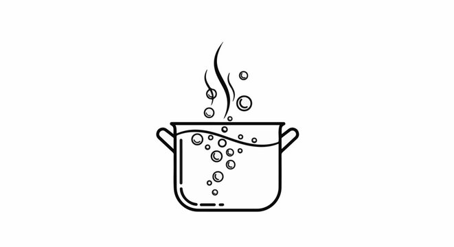 Black and white illustration of a pot of boiling water with steam