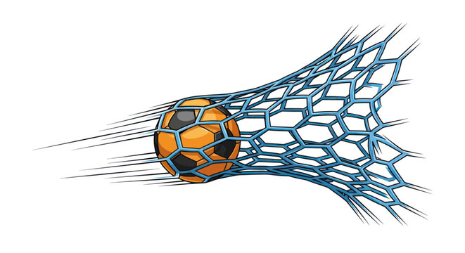 Soccer ball passing through a goal net with motion lines.