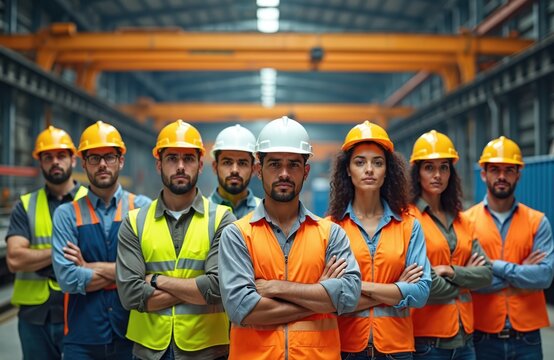 Diverse team of factory workers in safety vests and hard hats stand together in an industrial workshop. Men and women pose with arms crossed, showing unity and pride in their manufacturing work.