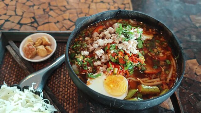 Pork noodle soup with meatballs served in a coconut shell bowl is a Thai dish.Noodle soup in a coconut shell bowl