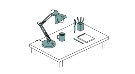 Isometric minimalist office desk illustration with lamp and coffee © Mangnu