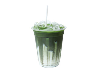 Naklejka premium Ice of milk matcha green tea on glass isolated white background.