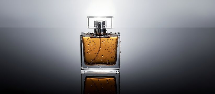Minimalist shot of a square glass perfume bottle with golden liquid, highlighted