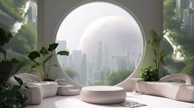 Futuristic biophilic interior with organic rounded forms, extensive greenery, and a large circular window with an alpine mountain view, suitable as a virtual Zoom background.