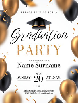 Graduation party invitation card template. Realistic 3D black and gold balloons, academic cap and shiny confetti. Elegant vector layout for university or college graduation celebration.