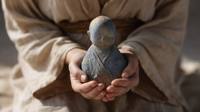 Close up of female hands cupping small ceramic figure of infant, pregnancy loss remembrance object, miscarriage memorial keepsake, bereaved mother healing ritual, silent grief tangible comfort, infa