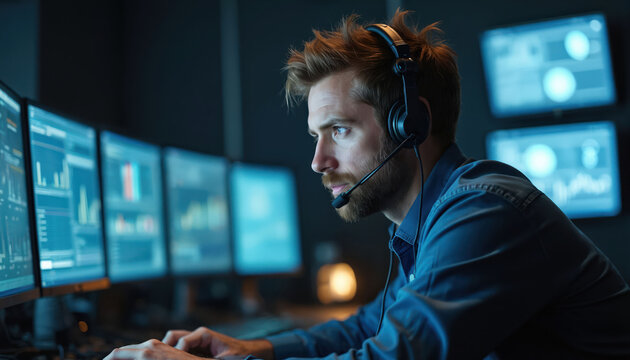 Man in headset works in control center. He looks at computer screens showing data. Male employee monitors system activity on multiple monitors late at night in dark room.
